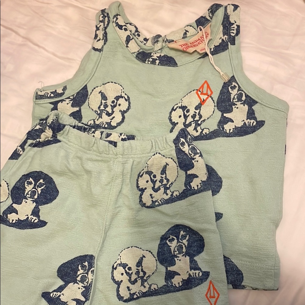 The Animals Observatory Kids' Green Dog Print Sleeveless Top and Shorts Set